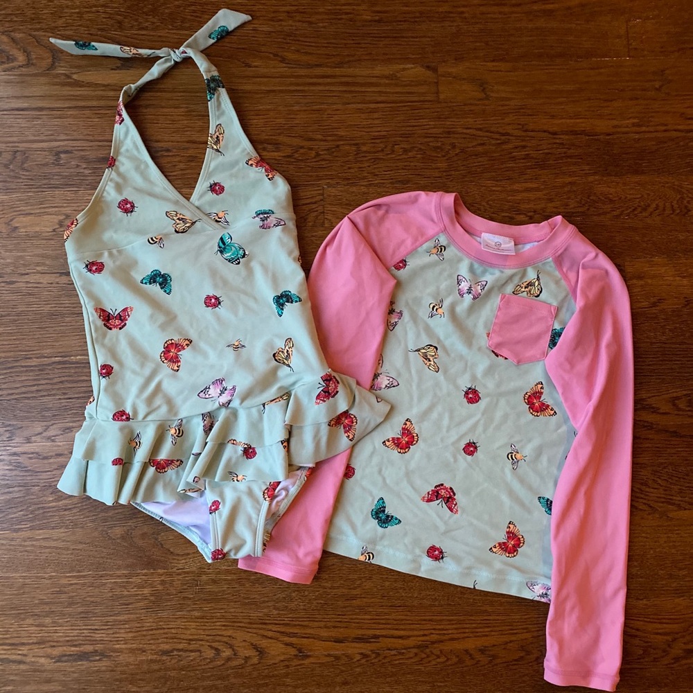 Butterfly and bee swimsuit pair.